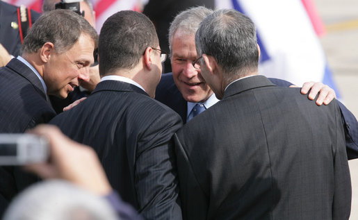 President George W. Bush is greeted by well-wishers along the red carpet at Ben Gurion International Airport Wednesday, Jan. 9, 2008, after arriving in Tel Aviv to begin his eight-day, Mideast visit. White House photo by Chris Greenberg
