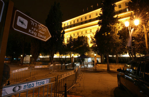 The King David-Jerusalem is lit up Wednesday, Jan. 9, 2008, after the arrival earlier in the day of President George W. Bush who is spending two days in Israel visiting President Shimon Peres and Prime Minister Ehud Olmert. White House photo by Chris Greenberg