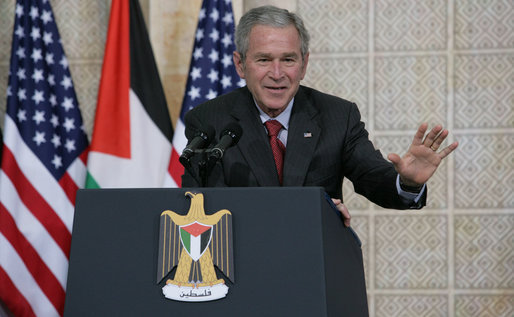 President George W. Bush responds to a reporter’s question Thursday, Jan. 10, 2008, during a joint press availability with President Mahmoud Abbas of the Palestinian Authority, in Ramallah. White House photo by Chris Greenberg