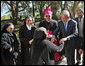 President George W. Bush is greeted by nuns at the Church of the Beatitudes in Galilee Friday, Jan. 11, 2008. The stop marked the last in Israel for President Bush who later arrived in Kuwait City, Kuwait, on the second leg of his eight-day Mideast visit. White House photo by Eric Draper