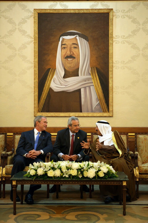 President George W. Bush and Amir Shaykh Sabah Al-Ahmed Al-Jaber Al Sabah share a light moment during their meeting at Kuwait International Airport Friday, Jan. 11, 2008, shortly after the President's arrival from Israel. White House photo by Eric Draper