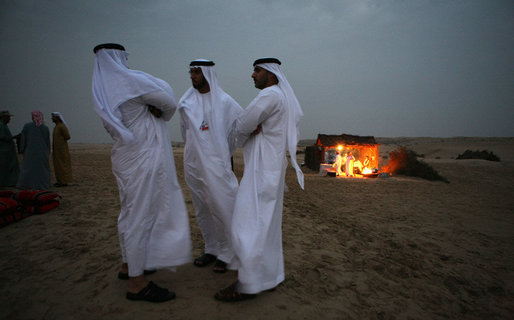 Guests mingle near open fires in the desert near Abu Dhabi Sunday, Jan. 13, 2008, during a dinner with President George W. Bush and Crown Prince Sheikh Mohammed bin Zayed Al Nayhan. White House photo by Eric Draper