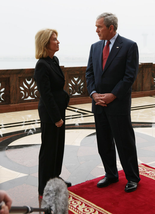 President George W. Bush is interviewed Monday, Jan. 14, 2008, by Greta Van Susteren of Fox News at the Emirates Palace in Abu Dhabi. White House photo by Eric Draper