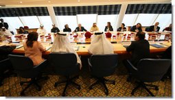 President George W. Bush speaks to young Arab leaders Monday, Jan. 14, 2008, during a roundtable discussion at the Burj Al Arab Hotel in Dubai. White House photo by Eric Draper