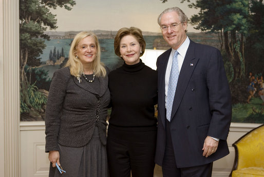Mrs. Laura Bush meets with George and Trish Vradenberg, both of the Vradenburg Foundation, at the White House on January 9, 2008. Mrs. Bush participated in an interview with Trish Vradenburg on her father’s battle with Alzheimer’s Disease. To find out more about Alzheimer’s Disease, visit www.alz.org. White House photo by Joyce N. Boghosian
