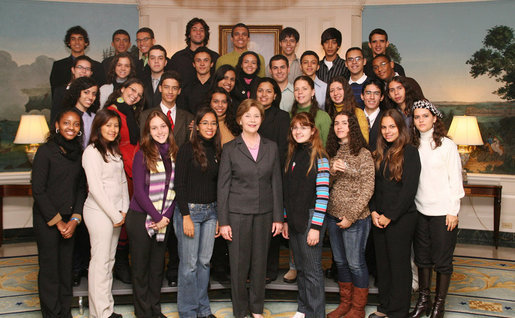 Mrs. Laura Bush poses for a photo with the Brazil Youth Ambassadors during their visit to the White House, Monday, Jan. 14, 2008. The organization promotes intercultural understanding among Brazilian and American youth. White House photo by Shealah Craighead