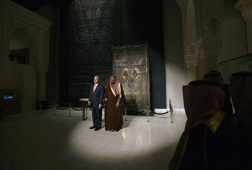 President George W. Bush and Prince Salman Bin Abdul Al-Aziz pause for photographers Tuesday, Jan. 15, 2008, during a tour of Al Murabba Palace and National History Museum in Riyadh. White House photo by Eric Draper