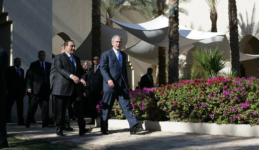 President George W. Bush and Egypt's President Hosni Mubarak walk to the podium for their joint availability Wednesday, Jan. 16, 2008 in Sharm El Sheikh, Egypt. President Bush visited the seaside town on the final stop of his eight-day, Mideast trip. White House photo by Chris Greenberg