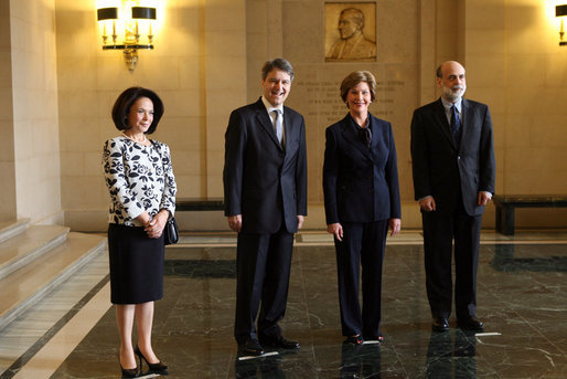 Mrs. Laura Bush poses for photos with Nabi Sensoy, Turkish Ambassador to the United States, his wife Gulgun Sensoy, and Dr. Ben Bernanke, Federal Reserve Chairman Friday January 18, 2007, during a visit to the Contemporary Turkish Painting Exhibit at the Federal Reserve in Washington, D.C. White House photo by Shealah Craighead