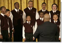 The Richmond Boys Choir, led by Artistic Director Billy Dye, performs during the Coming Up Taller awards ceremony Monday, Jan. 28, 2008, in the East Room of the White House. In thanking the choir afterwards, Mrs. Laura Bush said, "I like that you sang Stevie Wonder's song, "Always," because I think that's what children in each one of these programs that we've represented today will learn in your programs, and that is that somebody will love them always."  White House photo by Shealah Craighead