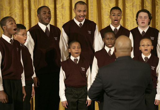 The Richmond Boys Choir, led by Artistic Director Billy Dye, performs during the Coming Up Taller awards ceremony Monday, Jan. 28, 2008, in the East Room of the White House. In thanking the choir afterwards, Mrs. Laura Bush said, "I like that you sang Stevie Wonder's song, "Always," because I think that's what children in each one of these programs that we've represented today will learn in your programs, and that is that somebody will love them always." White House photo by Shealah Craighead
