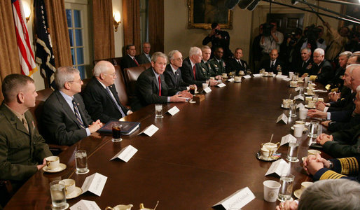 President George W. Bush addresses reporters Tuesday, Jan. 29, 2008, during a meeting in the Cabinet Room of the White House with the Joint Chiefs and Combatant Commanders. White House photo by Eric Draper