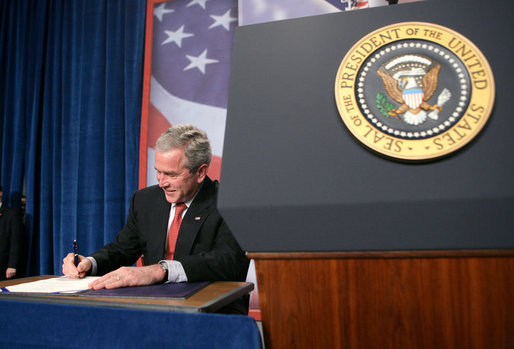 President George W. Bush signs a 15-day extension to the Protect America Act Thursday, Jan. 31, 2008, during his visit to Las Vegas. "This Protect America Act and its strengthening is essential to the security of the United States of America. I expect members from both political parties to get this work done so our professionals can protect the American people," said the President. "This will give people and Congress time to pass a good piece of legislation that makes sure that our professionals have the tools necessary to do their job, and provides liability protection to carriers who it is assumed helped us in protecting the American people." White House photo by Eric Draper