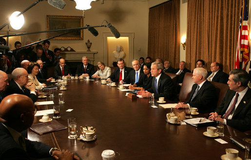 President George W. Bush meets with members of his Cabinet Monday, Feb. 4, 2008, in the Cabinet Room of the White House. In speaking about the Budget that was sent to Congress, the President said, "This is a good, solid budget. It's not only an innovative budget, in that it's coming to Congress over the Internet, it's a budget that's balanced -- gets to balance in 2012 and saves taxpayers money." White House photo by Joyce N. Boghosian