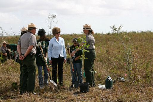Mrs. Laura Bush joins Florida City Elementary School students Cornesha Dericho, left, and Dania Amaya, along with park ranger Allyson Gantt, right, as they prepare to plant a Gumbo Limbo tree Wednesday, Feb. 6, 2008, during the Junior Ranger "First Bloom" planting event in Everglades National Park, Fla. Mrs. Bush praised the Everglades restoration program which hopes to plant native trees to replace invasive species that are choking the park. White House photo by Shealah Craighead