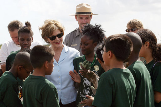 Mrs. Laura Bush visits with Florida City Elementary School students Wednesday, Feb. 6, 2008, during the Junior Ranger "First Bloom" planting event in Everglades National Park, Fla. President Bush on Monday asked Congress to spend $215 million for restoration of the Everglades. White House photo by Shealah Craighead