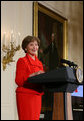 Mrs. Laura Bush welcomes guests to The Heart Truth reception Monday, Feb. 11, 2008, in the East Room of the White House, reminding women of the importance to protect their heart health. Mrs. Bush has served as the National Ambasasador for The Heart Truth national campaign since 2003. White House photo by Chris Greenberg