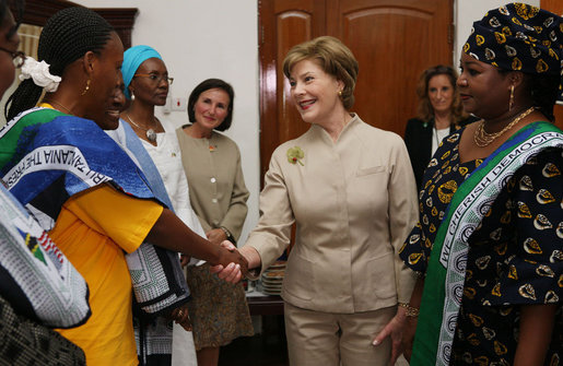 Mrs. Laura Bush is welcomed on her arrival to the WAMA Foundation Sunday, Fab. 17, 2008 in Dar es Salaam, Tanzania, for a meeting to launch the National Plan of Action for Orphans and Vulnerable Children. White House photo by Shealah Craighead