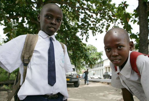 Little boys in school uniforms pose for a photo, Monday, February 18, 2008 in the Tanzanian capitol of Dar es Salaam. White House photo by Chris Greenberg