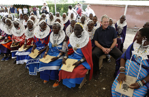 President George W. Bush visits with students and staff Monday, Feb. 18, 2008, at the Maasai Girls School in Arusha, Tanzania. White House photo by Eric Draper