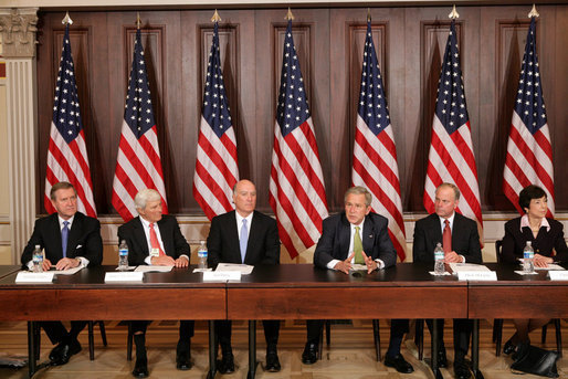 President George W. Bush participates in a meeting with former Cabinet Secretaries and Senior Government Officials on Free Trade Agreements Tuesday, Feb. 26, 2008, in the Eisenhower Executive Office Building in Washington, D.C. Joining the President from left are, former Defense Secretary William Cohen; former Commerce Secretary Bob Mosbacher; former Commerce Secretary Bill Daley; former White House Chief of Staff Mack McLarty; and former U.S. Trade Representative Carla Hills. White House photo by Chris Greenberg