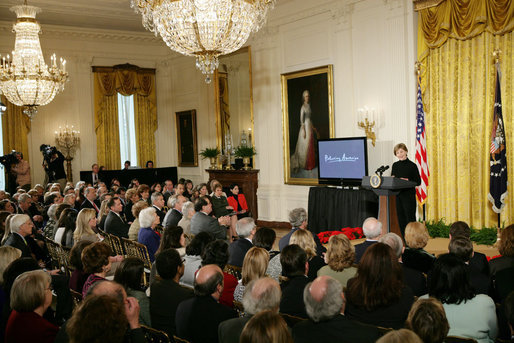Mrs. Laura Bush addresses guests Tuesday, Feb. 26, 2008 in the East Room of the White House, during the launch of the National Endowment for the Humanities’ Picturing America initiative, to promote the teaching, study, and understanding of American history and culture in schools. White House photo by Chris Greenberg