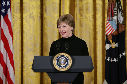 Mrs. Laura Bush welcomes invited guests Tuesday, Feb. 26, 2008 to the East Room of the White House, for the launch of the National Endowment for the Humanities’ Picturing America initiative, to promote the teaching, study, and understanding of American history and culture in schools. White House photo by Chris Greenberg