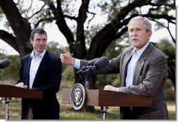 President George W. Bush speaks during joint a press availability with Prime Minister Anders Fogh Rasmussen of Denmark at The Bush Ranch in Crawford, Texas, Saturday, March 1, 2008, in Crawford, Texas. White House photo by Eric Draper