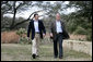 President George W. Bush and Prime Minister Anders Fogh Rasmussen of Denmark walk toward the cameras at the start of their press availability at The Bush Ranch in Crawford, Texas, Saturday, March 1, 2008, in Crawford, Texas. White House photo by Shealah Craighead