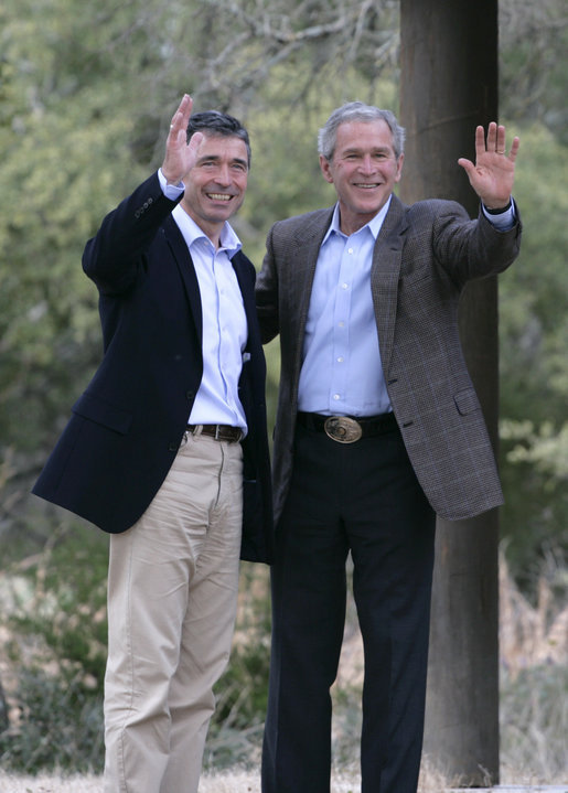 President George W. Bush and Prime Minister Anders Fogh Rasmussen of Denmark wave to the media at the conclusion of their press availability at The Bush Ranch in Crawford, Texas, Saturday, March 1, 2008, in Crawford, Texas. White House photo by Shealah Craighead