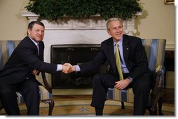 President George W. Bush welcomes King Abdullah II to the Oval Office Tuesday, March 4, 2008. President Bush told the King of Jordan, "I value your friendship and I value your leadership. And I appreciate you coming back. America has got no stronger friend in the Middle East than Jordan."  White House photo by Eric Draper