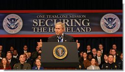 President George W. Bush addresses the audience at Constitution Hall in Washington, D.C., Thursday, March 6, 2008, during a commemoration of the 5th anniversary of the U.S. Department of Homeland Security. White House photo by Chris Greenberg