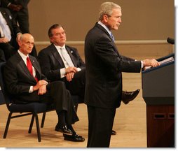 President George W. Bush delivers remarks during a commemoration Thursday, March 6, 2008, of the 5th anniversary of the U.S. Department of Homeland Security. Joining him on stage at Constitution Hall in Washington, D.C., are Secretary Michael Chertoff, left, of the Department of Homeland Security, and former Secretary of DHS Tom Ridge. White House photo by Chris Greenberg