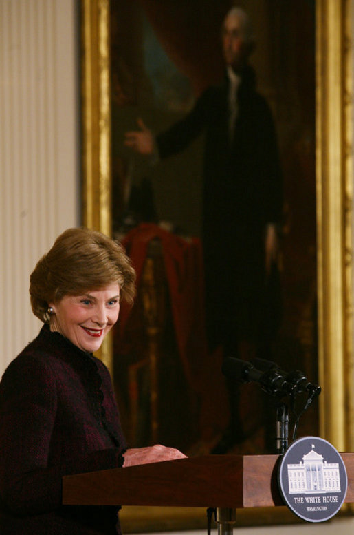 Mrs. Laura Bush welcomes guests Friday, March 7, 2008, to the East Room of the White House for a scene performance of Chasing George Washington: A White House Adventure. Mrs.Bush also spoke about the importance of learning through the arts and in support of the Kennedy Center/White House Historical Association theater series. White House photo by Joyce N. Boghosian