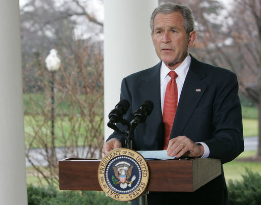 President George W. Bush delivers a statement on the economy Friday, March 7, 2008, at the White House. Said the President, "I know this is a difficult time for our economy, but we recognized the problem early, and provided the economy with a booster shot. We will begin to see the impact over the coming months. And in the long run, we can have confidence that so long as we pursue pro-growth, low-tax policies that put faith in the American people, our economy will prosper." White House photo by Chris Greenberg