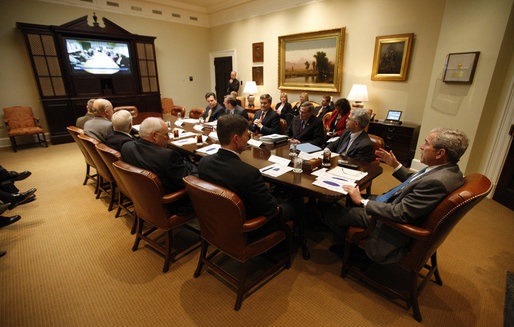 President George W. Bush participates in a video teleconference with Afghanistan Provincial Reconstruction Team Leaders and Brigade Combat Commanders Thursday, March 13, 2008, in the Roosevelt Room of the White House. White House photo by Eric Draper