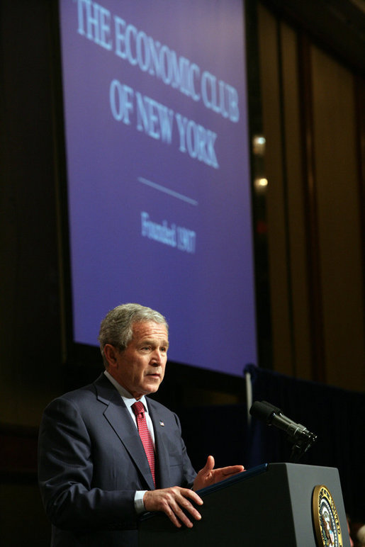 President George W. Bush delivers remarks on the economy to the Economic Club of New York Friday, March 14, 2008, in New York City, New York. President Bush said "I've seen what happens when America deals with difficulty. I believe that we're a resilient economy, and I believe that the ingenuity and resolve of the American people is what helps us deal with these issues." White House photo by Chris Greenberg