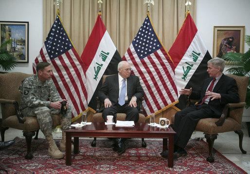 Vice President Dick Cheney participates in a classified briefing with U.S. Ambassador to Iraq Ryan Crocker, left, and Commanding General of Multi-National Forces Iraq General David Petraeus, right, in the Green Zone in Baghdad. Later in the day the Vice President ventured outside the Green Zone to meet with Iraqi leadership to discuss energy legislation, long-term security issues and the development of Iraqi diplomatic relationships with neighboring countries. White House photo by David Bohrer