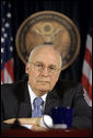 Vice President Dick Cheney listens to a reporter's question Monday, March 17, 2008 during press availability with General David Petraeus and U.S. Ambassador to Iraq Ryan Crocker (not pictured) inside the Green Zone in Baghdad. "This week marks the fifth anniversary since we launched into Iraq in March of '03," said the Vice President during the press availability, adding, "If you reflect back on those five years, I think it's been a difficult, challenging, but nonetheless successful endeavor; that we've come a long way in five years, and that it's been well worth the effort." White House photo by David Bohrer