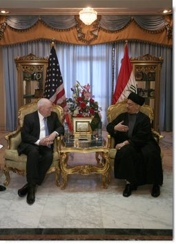 Vice President Dick Cheney meets with the Chairman of the Supreme Council for the Islamic Revolution in Iraq Sayyed Abdul-Aziz al-Hakim Monday, March 17, 2008 at the Hakim residence in Baghdad. During a statement following their meeting the Vice President said, "There is still a lot of difficult work that must be done, but as we move forward, the Iraqi people should know that they will have the unwavering support of President Bush and the United States in consolidating their democracy."  White House photo by David Bohrer