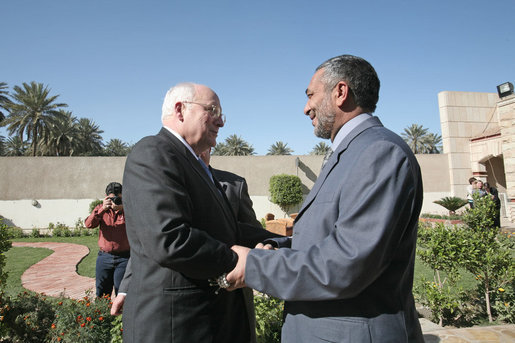 Vice President Dick Cheney meets with Iraqi Council of Representatives Speaker Mashhadani Monday, March 17, 2008, during a visit to Mashhadani's home in Baghdad. During his visit to Baghdad the Vice President met with Iraqi leadership to discuss energy legislation, long-term security issues and the development of regional diplomatic relationships. White House photo by David Bohrer