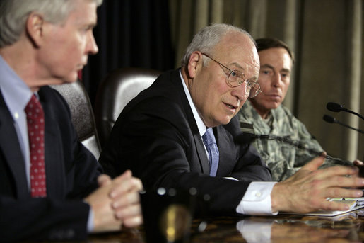 Vice President Dick Cheney answers a reporter's question Monday, March 17, 2008, during press availability inside the Green Zone in Baghdad. In later commenting on the day's briefings from U.S. officials and Iraqi leadership the Vice President said that he will be "pleased to be able to return next week to Washington and report back to the President that we are making significant progress in Iraq." White House photo by David Bohrer