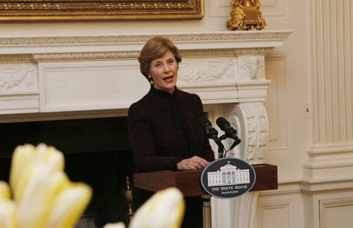 Mrs. Laura Bush welcomes guests to a tea Wednesday, March 19, 2008 in the State Dining Room at the White House, in honor of Nowruz, the Persian New Year celebration. A family-oriented holiday, Nowruz celebrates the Persian New Year and the coming of spring. White House photo by Patrick Tierney