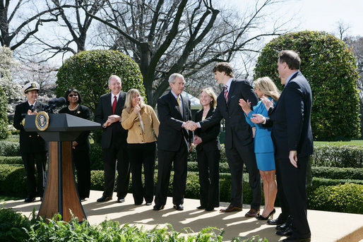 President George W. Bush thanks the council members from the President's Council on Physical Fitness and Sports following his announcement of the National President's Challenge Thursday, March 20, 2008 in the East Garden at the White House. The National President's Challenge is a six-week physical activity challenge beginning March 20th designed to get America up and moving 30 minutes a day, five days a week. White House photo by Chris Greenberg