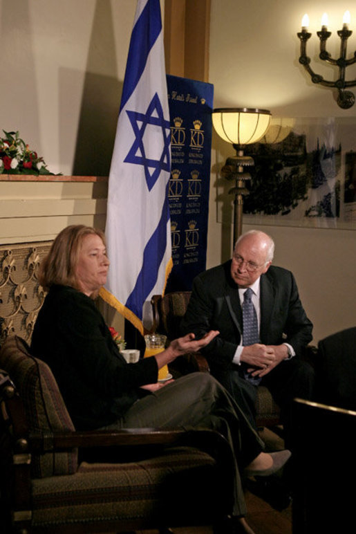 Vice President Dick Cheney meets with Israeli Foreign Minister Tzipi Livni Sunday, March 23, 2008, at the Kind David Hotel in Jerusalem. Throughout the day the Vice President met with leaders from Israel and the Palestinian Authority to discuss the on-going Middle East peace process. White House photo by David Bohrer