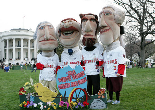 The Presidential character mascots of the Washington Nationals baseball team, Thomas Jefferson, Teddy Roosevelt, Abraham Lincoln and George Washington participate Monday, March 24, 2008 on the South Lawn of the White House, at the 2008 White House Easter Egg Roll. White House photo by Joyce N. Boghosian