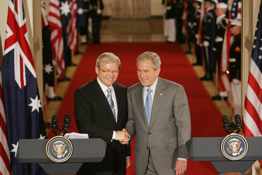 President George W. Bush and Australian Prime Minister Kevin Rudd shake hands at the conclusion of their joint press availability in the East Room of the White House Friday, March 28, 2008. White House photo by Joyce N. Boghosian