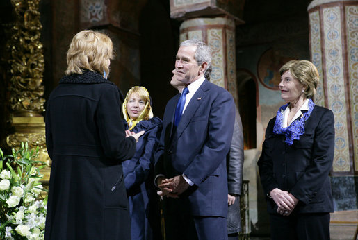 President George W. Bush and Mrs. Laura Bush are joined by Ukrainian President Viktor Yushchenko and his wife, first lady Kateryna Yushchenko, background, Tuesday, April 1, 2008, during a tour of St. Sophia’s Cathedral lead by the Director of the Sofiya Kyivska Museum, Larisa Rusenko, in Kyiv, Ukraine. White House photo by Chris Greenberg