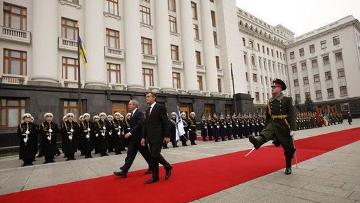 President George W. Bush and President Viktor Yushchenko review the troops during arrival ceremonies Tuesday, April 1, 2008, at the Presidential Secretariat in Kyiv. White House photo by Eric Draper