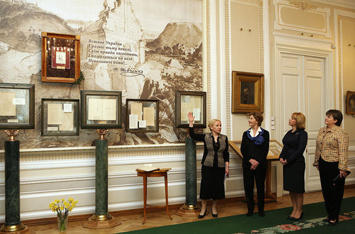 Mrs. Laura Bush, Mrs. Kateryna Yushchenko and Dr. Deborah Taylor, wife of U.S. Ambassador to Ukraine Bill Taylor, tour the Taras Shevchenko National Museum in Kyiv Tuesday, April 1, 2008. The museum honors the great Ukrainian poet, artist and thinker who died in 1861 at the age of 47 after spending 10 years in exile for his opposition to the social and national oppression of the Ukrainian people. White House photo by Shealah Craighead